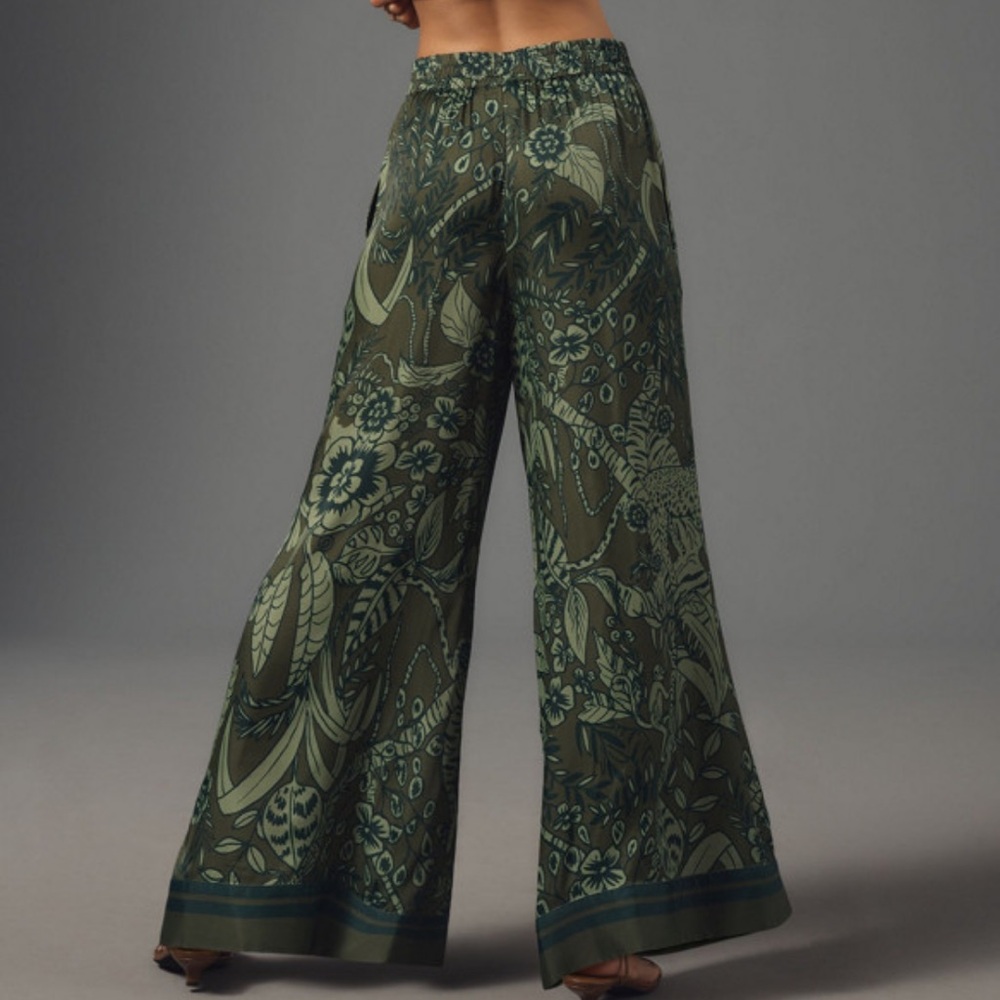 Farm Rio x Anthropologie Satin Tropical Green Wide Leg Pants | S - Picture 2 of 8